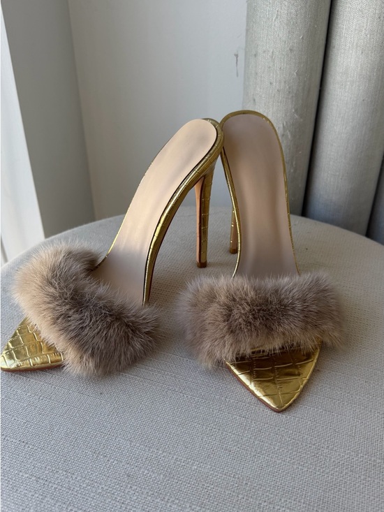 Shoes - Gold Stiletto Mule with Taupe Fur Trim - Women's Luxury Slide